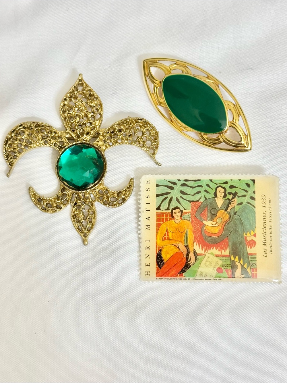 Vintage Brooch Lot - Green Enamel, Cabochon & Matisse Inspired Postcard